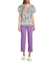 Allison Daley Wildflower Border Print Flutter Sleeve Tassel Tie Neck Knit Top