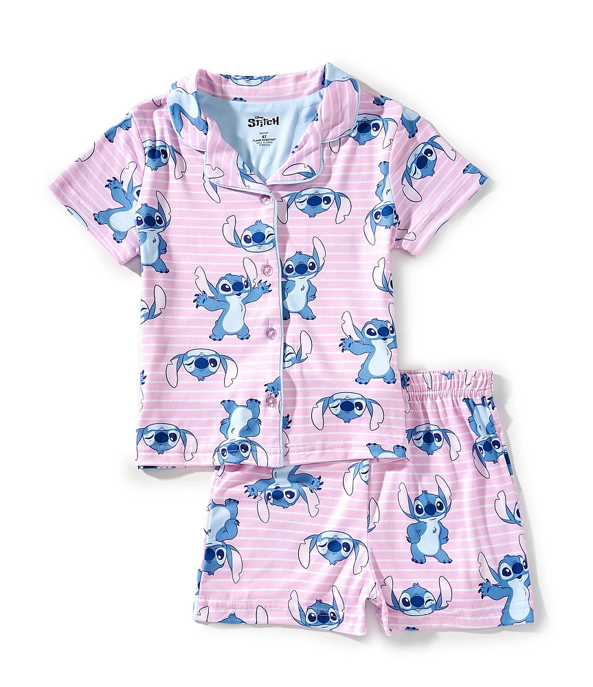 AME Little Girls 2T-4T Lilo & Stitch Stripe Short Sleeve Notch Collar Printed Jersey Two-Piece Pajama Set