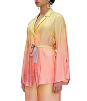 Andrea Iyamah Bata Light Ombre Chiffon Notch Collar Long Sleeve Top