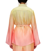 Andrea Iyamah Bata Light Ombre Chiffon Notch Collar Long Sleeve Top