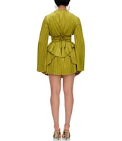 Andrea Iyamah Lenti Pleated Satin Round Neck Long Sleeve Corset Mini Dress