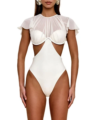 Andrea Iyamah Naru Mesh Cape Overlay Cut-Out One Piece Swimsuit