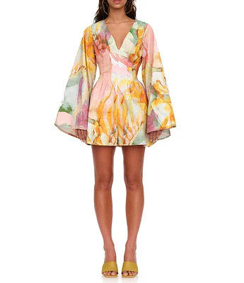 Andrea Iyamah Pana Abstract Print Deep V-Neck Long Flared Bell Sleeve Romper