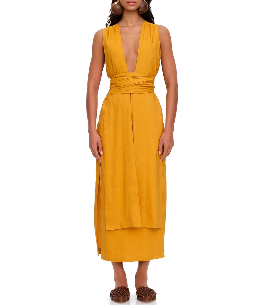 Andrea Iyamah Zado Linen Blend Deep V-Neck Sleeveless Panel Side Slit Gathered Tie Waist Wrap Maxi Dress