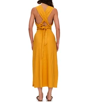 Andrea Iyamah Zado Linen Blend Deep V-Neck Sleeveless Panel Side Slit Gathered Tie Waist Wrap Maxi Dress