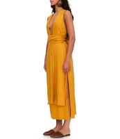 Andrea Iyamah Zado Linen Blend Deep V-Neck Sleeveless Panel Side Slit Gathered Tie Waist Wrap Maxi Dress