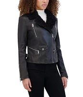 Andrew Marc Paley Faux Fur Collar Aviator Style Leather Jacket