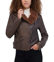 Andrew Marc Paley Faux Fur Collar Aviator Style Leather Jacket