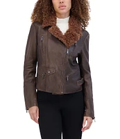 Andrew Marc Paley Faux Fur Collar Aviator Style Leather Jacket