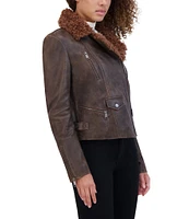 Andrew Marc Paley Faux Fur Collar Aviator Style Leather Jacket