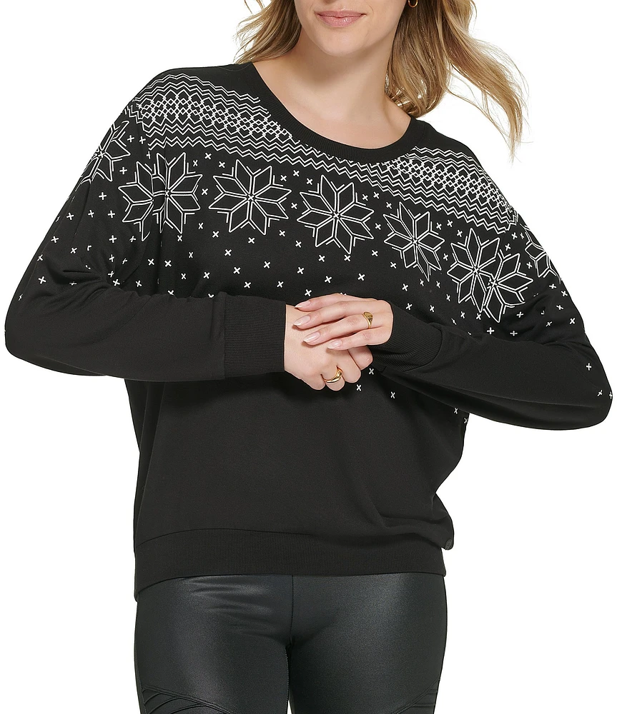 Andrew Marc Sport Snowflake Print Fair Isle Crew Neck Long Sleeve Pullover Top