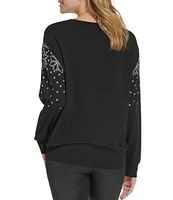 Andrew Marc Sport Snowflake Print Fair Isle Crew Neck Long Sleeve Pullover Top