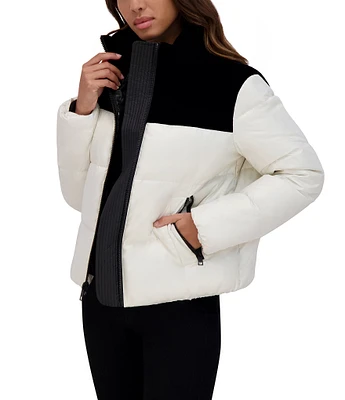 Andrew Marc Sport Tilly Velvet Color Blocked Stand Collar Puffer Coat