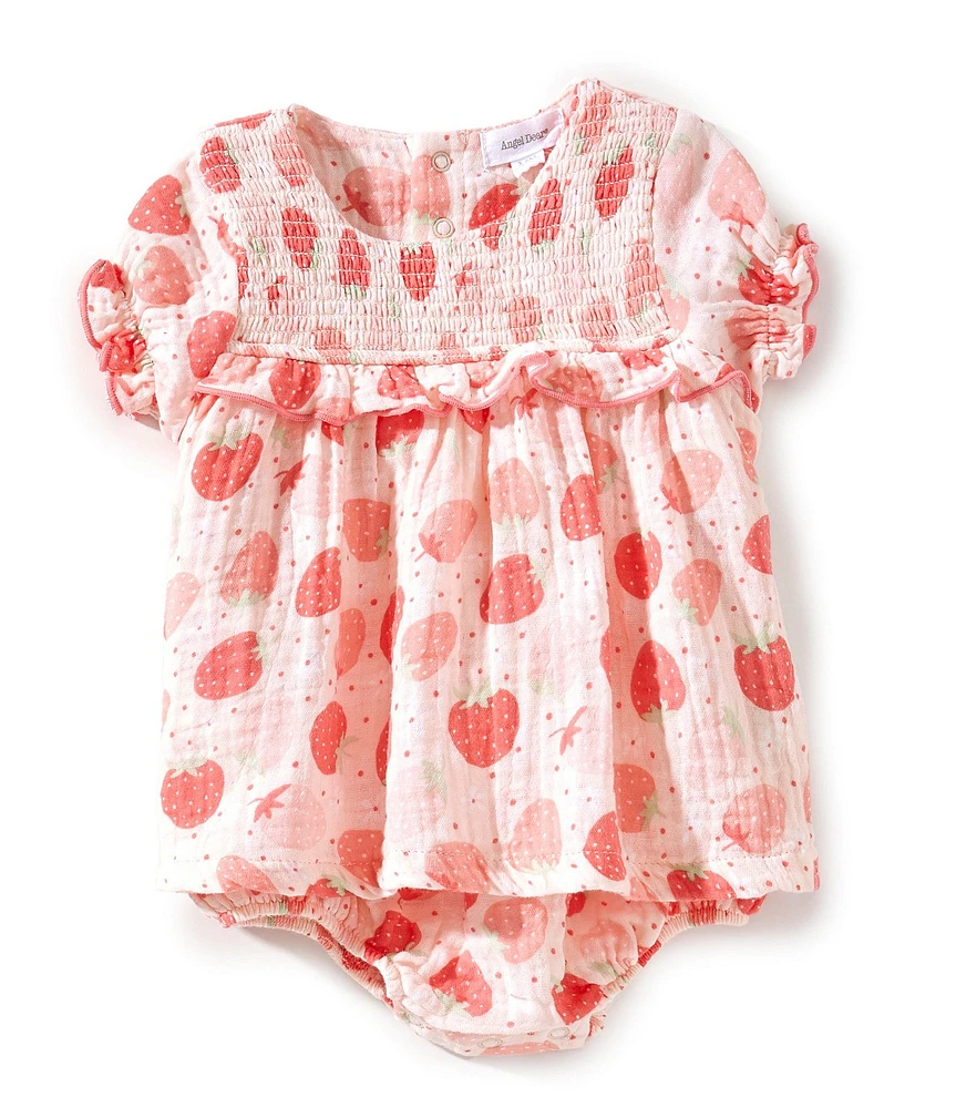 Angel Dear Baby Girls 3-24 Months Strawberry Bliss Smocked Ruffle Bubble