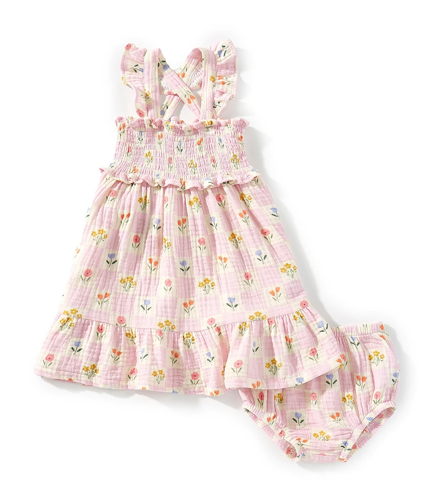 Angel Dear Baby Girls 6-24 Months Floral Check Smocked Ruffle Sundress & Diaper Cover