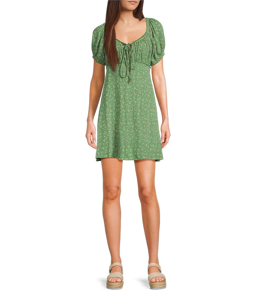 Angie Ditsy Floral Print Scoop Neck Short Sleeve Tie Front Empire Waist Dress