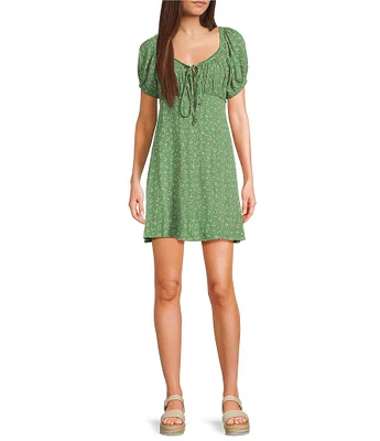 Angie Ditsy Floral Print Scoop Neck Short Sleeve Tie Front Empire Waist Dress