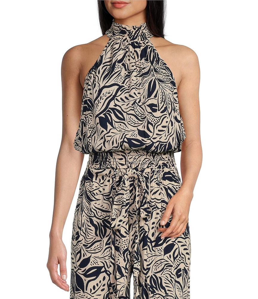 Angie Floral Leaf Print Mock Neck Sleeveless Top