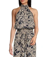 Angie Floral Leaf Print Mock Neck Sleeveless Top