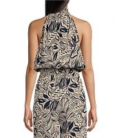 Angie Floral Leaf Print Mock Neck Sleeveless Top