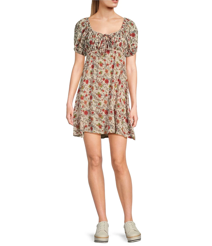 Angie Floral Print Scoop Neck Short Sleeve Tie Front Empire Waist Dress