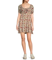 Angie Floral Print Scoop Neck Short Sleeve Tie Front Empire Waist Dress