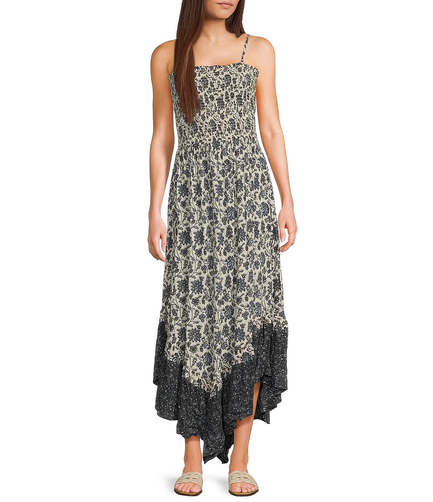Angie Floral Print Smocked Bodice Spaghetti Strap High-Low Maxi Dress