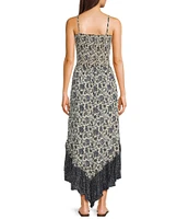 Angie Floral Print Smocked Bodice Spaghetti Strap High-Low Maxi Dress