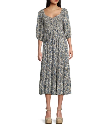 Angie Allover Floral Print Sweetheart Neck 3/4 Sleeve Smocked Bodice Midi Dress