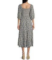 Angie Allover Floral Print Sweetheart Neck 3/4 Sleeve Smocked Bodice Midi Dress