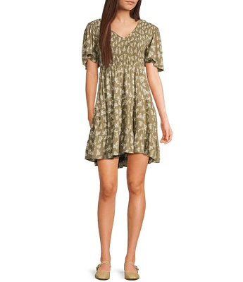 Angie Floral Print V-Neck Short Sleeve Tiered Dress