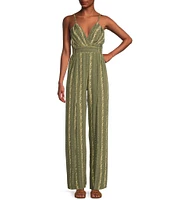 Angie Linear Print V-Neck Surplus Split Leg Jumpsuit