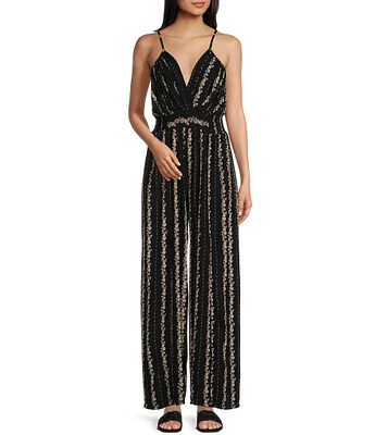 Angie Linear Print V-Neck Surplus Split Leg Jumpsuit