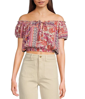 Angie Patch Print Off-The-Shoulder Cap Sleeve Crop Top