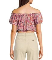 Angie Patch Print Off-The-Shoulder Cap Sleeve Crop Top