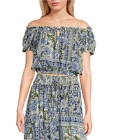 Angie Patch Print Off-The-Shoulder Cap Sleeve Crop Top