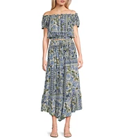 Angie Patch Print Off-The-Shoulder Cap Sleeve Crop Top