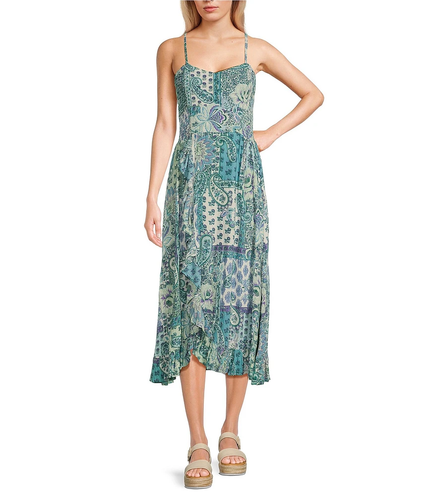 Angie Patch Print Spaghetti Strap Racer Back Ruffle Front Midi Dress