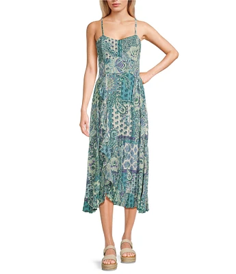 Angie Patch Print Spaghetti Strap Racer Back Ruffle Front Midi Dress