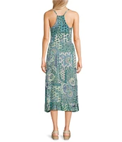 Angie Patch Print Spaghetti Strap Racer Back Ruffle Front Midi Dress