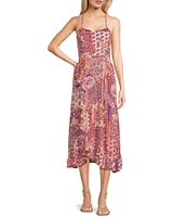 Angie Patch Print Spaghetti Strap Racer Back Ruffle Front Midi Dress