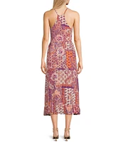 Angie Patch Print Spaghetti Strap Racer Back Ruffle Front Midi Dress
