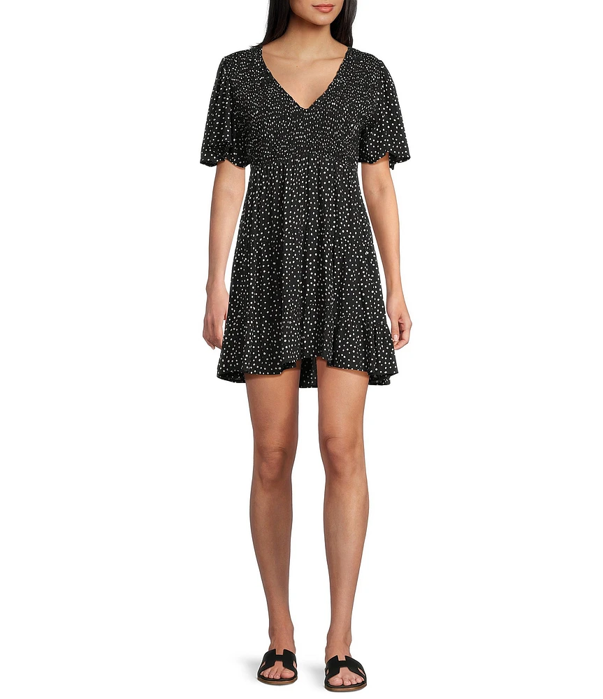 Angie Polka-Dot Print V-Neck Short Sleeve Tiered Dress
