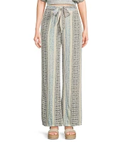 Angie Printed Mid Rise Tie Front Elastic Waist Wide Leg Pants