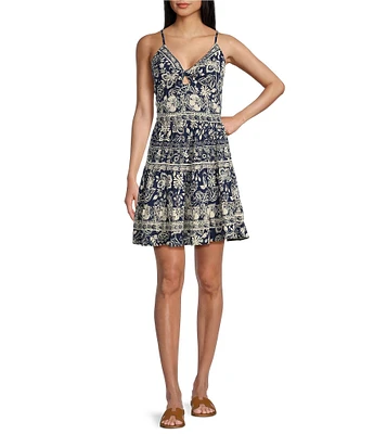 Angie Floral V-Neck Spaghetti Strap Twist Front Keyhole Tiered Dress