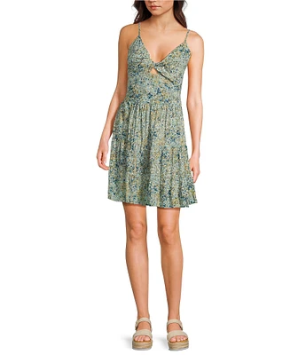 Angie Printed V-Neck Spaghetti Strap Twist Front Keyhole Tiered Dress