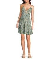 Angie Printed V-Neck Spaghetti Strap Twist Front Keyhole Tiered Dress