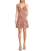 Angie Floral Print V-Neck Spaghetti Strap Twist Front Keyhole Tiered Dress