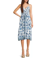 Angie Allover Floral Print V-Neck Crochet Trim Tie Front Midi Dress