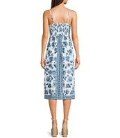 Angie Allover Floral Print V-Neck Crochet Trim Tie Front Midi Dress